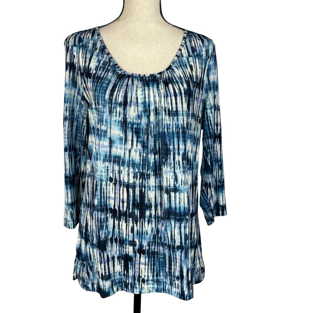 Easywear by Chico’s SZ 2 (Large) Top Abstract 3/4 Sleeve Stretch Lined Blue